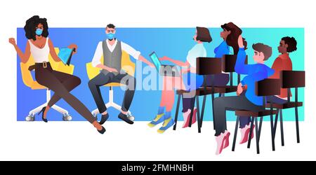 mix race businesspeople in masks discussing during conference meeting teamwork coronavirus quarantine Stock Vector
