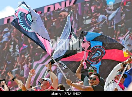 Miami, USA. 09th May, 2021. Inter Miami fans celebrate their second half score by Lewis Morgan against Atlanta United at DRV Pink Stadium in Fort Lauderdale, Florida, Sunday, May 9, 2021. (Photo by Charles Trainor Jr./Miami Herald/TNS/Sipa USA) Credit: Sipa USA/Alamy Live News Stock Photo