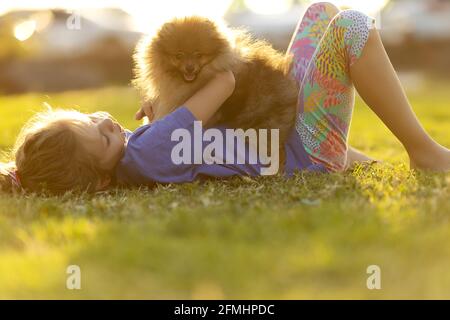 child playing in the park with pomeranian dog Stock Photo