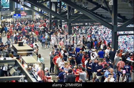 September 07, 2020: Empty seats without fans occupy an empty Truist Park  during a MLB game between the Marlins and Braves at Truist Park in Atlanta,  GA. Austin McAfee/(Photo by Austin Mcafee/CSM/Sipa