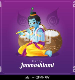 happy janmashtami vector greetings card with lord krishna playing flute infront of pots Stock Vector