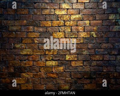 Brick wall, dark background. Old grunge and antique yellow, orange and brown, dark tone brick wall texture for background. Stock Photo