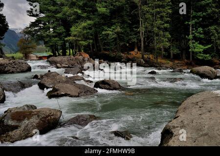 Lidder river on the way to Pahalgam, 73 kilometer long river which originates from the Kolhoi Glacier, Jammu & Kashmir, India Stock Photo