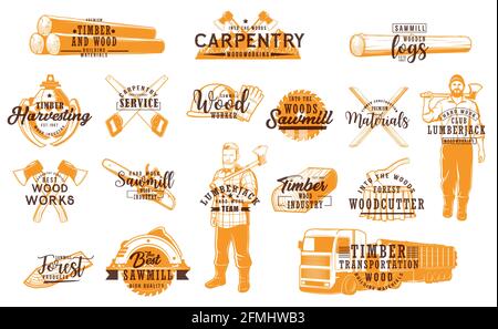 Lumberjack, carpentry service and working tools icons. Timber materials and wood logs transportation, woodcutter vector emblems. Lumberjack with ax, c Stock Vector