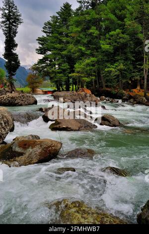 Lidder river on the way to Pahalgam, 73 kilometer long river which originates from the Kolhoi Glacier, Jammu & Kashmir, India Stock Photo