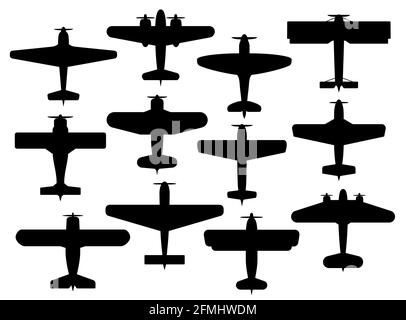 Retro planes black silhouettes, vector airplanes with propellers, vintage military or civil aircraft transport top or bottom view isolated on white ba Stock Vector