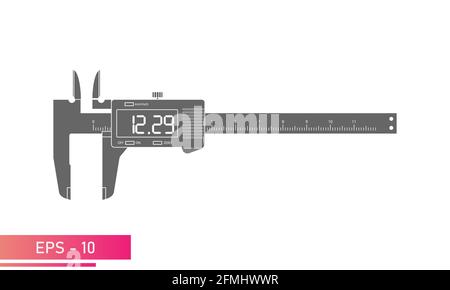 Digital vernier caliper with display and numeric scale in a single-color version. Tools for technical specialists. Flat vector illustration. Stock Vector