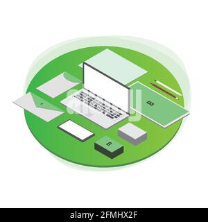 Isometric Digital Branding of Laptop, Tablet, Business Card, Smartphone, Papers, Envelope, Stationery Illustration in Gradient Colors Vector Stock Vector