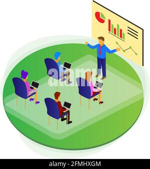 Worker Presentation Isometric Modern Illustration Vector with Graphs, Man and Woman Sitting Stock Vector
