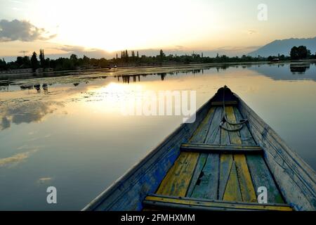 Shikara or house boat in Nigeen lake, Srinagar, Jammu & Kashmir, India Stock Photo