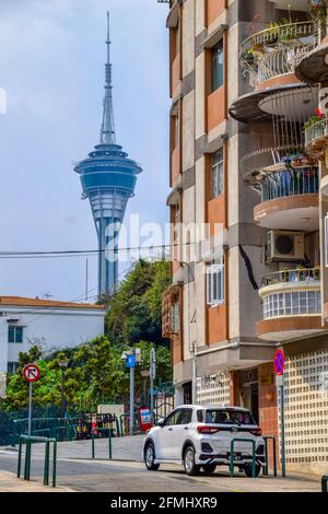 Macao, China - April 2, 2020: macao tourism tower in macao china,this is the landmark building in the city. Stock Photo