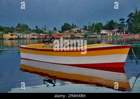 Shikara or house boat in Nigeen lake, Srinagar, Jammu & Kashmir, India Stock Photo