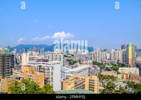 Macao, China - April 2, 2020: Panorama of Guia Lighthouse Fortress and Chapel of our Lady, Farol e Fortaleza da Guia. São Lazaro, Macao. Stock Photo