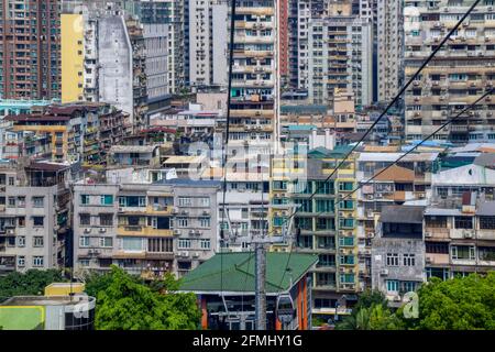 Macao, China - April 2, 2020: Panorama of Guia Lighthouse Fortress and Chapel of our Lady, Farol e Fortaleza da Guia. São Lazaro, Macao. Stock Photo