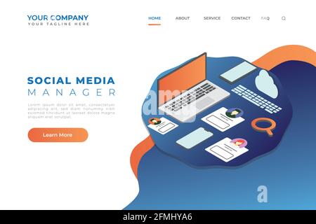 Modern Isometric Social Media Manager Web Landing Page Header Vector Stock Vector