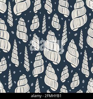 Hand-Drawn Sea Shells, Fossils and Pebbles Blue and Cream Vector Seamless Pattern Stock Vector