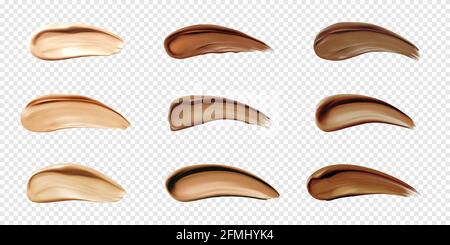 Cosmetic foundation swatches, smears of liquid concealer for makeup isolated on transparent background. Vector realistic set of light and dark bb cream smudges, beige and brown cosmetic strokes Stock Vector