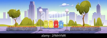 City park with recycling bins for sorting waste, garbage separation to protect environment. Summer landscape, cityscape background, public place with trees for recreation. Cartoon vector illustration Stock Vector