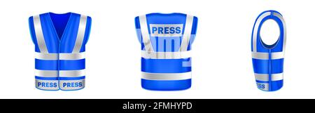 Blue safety vest for press with reflective stripes. Uniform for journalists, reporters and mass media workers. Vector realistic 3d waistcoat with reflectors in front, back and side view Stock Vector