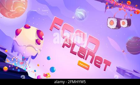 Fast food planet cartoon landing page with salmon fish and onion spheres, caviar and sushi over alien landscape with funny ice cream tree and candies. Cosmic fantasy space adventure, vector web banner Stock Vector