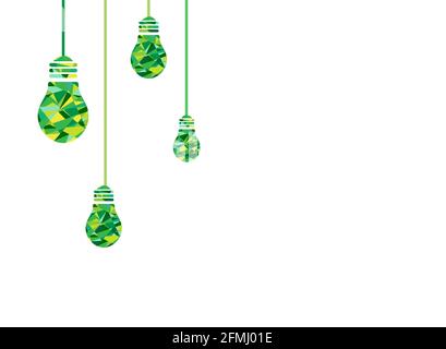 White background with green faceted light bulbs on the left side. Flat icon. Idea sign. Creative thinking concept. Vector illustration. Stock Vector