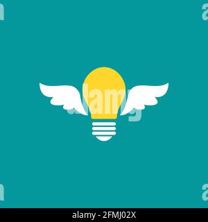 Yellow bulb with wings . flat icon isolated on blue background. Imagination, fantasy icon. Know how sign. New business idea. Vector illustration. Inve Stock Vector
