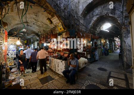 The vibrant old markets in the Muslim quarter in the old city of Jerusalem. Stock Photo