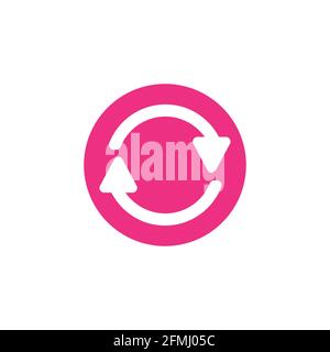 refresh or repeat icon . Two white opposite round arrows in pink circle isolated on white. Flat icon. Exchange icon. Good for web and software interfa Stock Vector