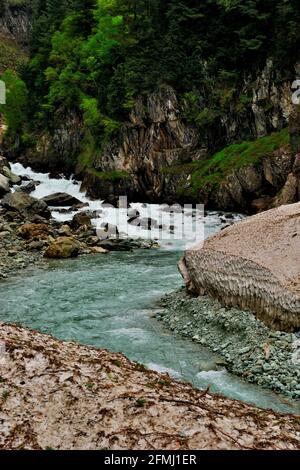 Lidder river on the way to Pahalgam, 73 kilometer long river which originates from the Kolhoi Glacier, Jammu & Kashmir, India Stock Photo