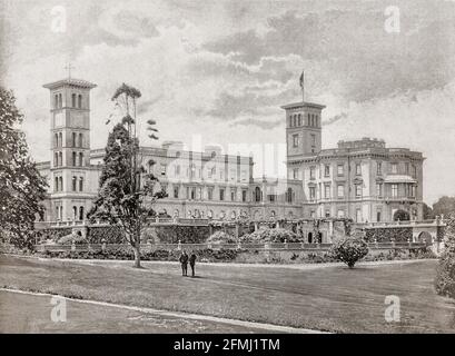 A late 19th century view of Osborne House, a royal residence in East Cowes, Isle of Wight, United Kingdom. The house was built between 1845 and 1851 for Queen Victoria and Prince Albert as a summer home and rural retreat. Prince Albert designed the house himself in the style of an Italian Renaissance palazzo. Following the death of Queen Victoria in 1901, King Edward VII presented the house to the state on Coronation Day in 1902. Stock Photo