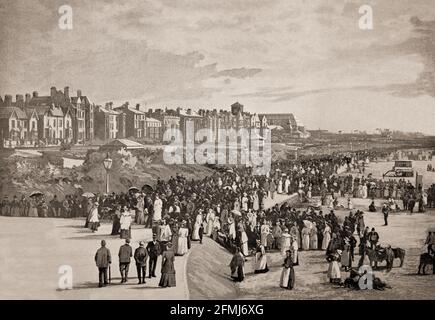 A late 19th Century view of the Marine Park in Southport, historically part of Lancashire, a large seaside town and resort in Merseyside, England, founded in 1792 when William Sutton, an innkeeper from Churchtown. At the turn of the 19th century, the area became popular with tourists due to the easy access from the nearby Leeds and Liverpool Canal. The rapid growth of Southport largely coincided with the Industrial Revolution and the Victorian era. Stock Photo