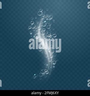 Realistic sparkling air bubbles in water. Bubbles fizzing under water. Transparent checkered background. Stock Vector