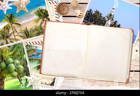 Vintage travel background with old wood planks texture, retro photos, open book, envelopes, starfish and shell. Horizontal vacation backdrop with wood Stock Photo