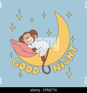 Cute monkey sleeping on the moon, vector hand drawn illustration. Stock Vector