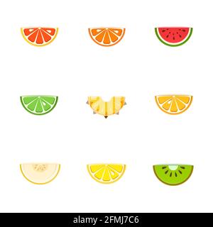 Set of tropical half lobule fruits in paper cut style. Slice citrus orange, tangerine, pineapple, lime, lemon, grapefruit, melon, watermelon, kiwi Stock Vector