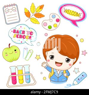 Back to school. Little boy with a backpack. Collection in kawaii style - schoolboy, apple, notebook, chemical flask, pencil. Vector illustration EPS8 Stock Vector