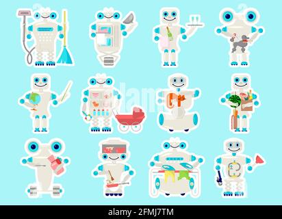 Robot stickers set. Cute sticky labels decorated with bot assistant isolated. Flat Art Vector Illustration Stock Vector