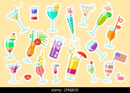 Exotic cocktails stickers set. Cute sticky labels decorated with different shapes coctail glass and straws, parasols, umbrellas, toothpick for party d Stock Vector
