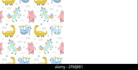 Childish seamless pattern with cute cat sloth unicorn and dinosaur. Creative texture for fabric, textile Stock Vector