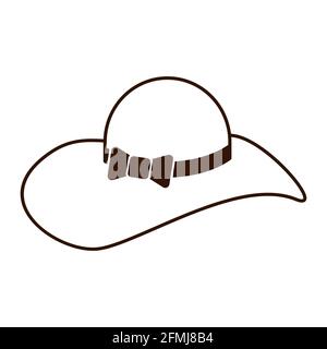 Fashionable straw hat with wide flaps symbol for logo, web design, stickers, prints. Black and White vector sea vacation flat icon, thin line. Summer holiday attribute. Stock Vector