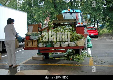 A farmer sells corn on the cob direct from his trailer stall at the farmers market at St Antoine, Montreal, Quebec, August 2007 Stock Photo