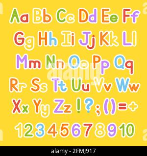 English alphabet. Vector set. Bright color style. Cartoon ABC. Funny hand drawn font. Numbers, lowercase and uppercase letters. Stock Vector