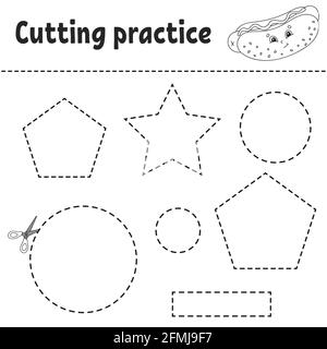 Cutting practice for kids. Education developing worksheet. Activity page with pictures. Game for children. Isolated vector illustration. Funny charact Stock Vector