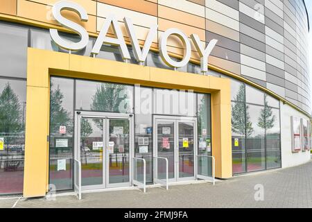 Savoy cinema (closed due to covid-19) at the shopping centre of Corby, Northamptonshire, England, May 2021. Stock Photo