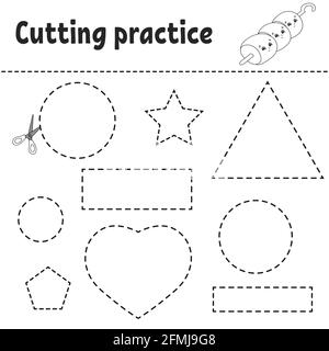 Cutting practice for kids. Education developing worksheet. Activity page with pictures. Game for children. Isolated vector illustration. Funny charact Stock Vector