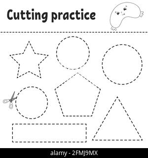 Cutting practice for kids. Education developing worksheet. Activity page with pictures. Game for children. Isolated vector illustration. Funny charact Stock Vector