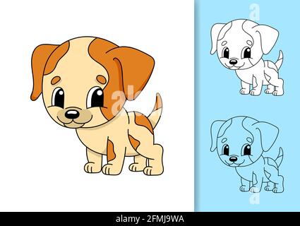 Pet dog. Set of vector illustrations isolated on white and colored background. Design element. Black stroke. Cartoon style. Stock Vector