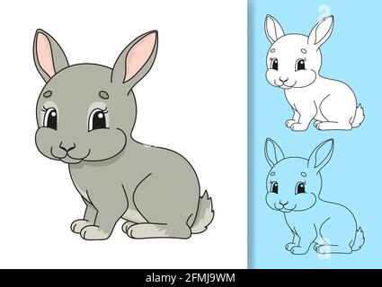 Cute rabbit. Set of vector illustrations isolated on white and colored background. Design element. Black stroke. Cartoon style. Stock Vector