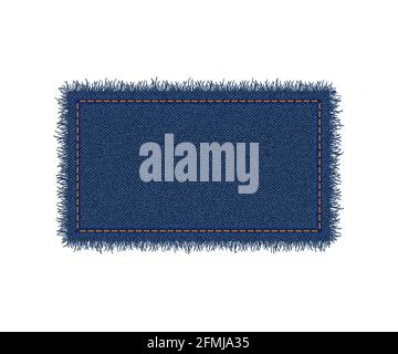 Denim rectangle shape with stitches. Torn jean patch with seam. Vector realistic illustration on white background Stock Vector