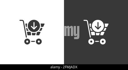 Shopping cart. Down arrow. Isolated icon on black and white background. Commerce glyph style vector illustration Stock Vector